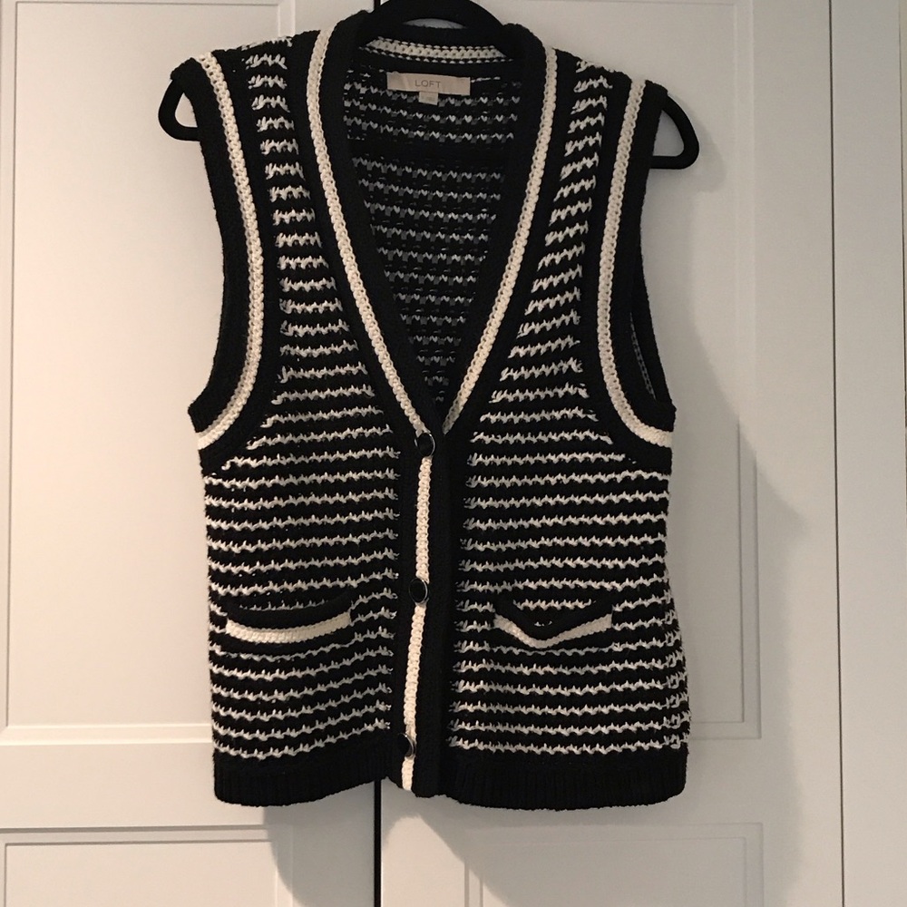 LOFT Black & Cream Striped Knit Button-Front Vest